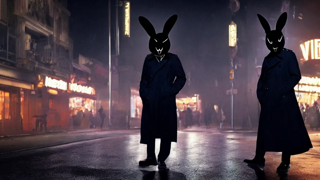 Image similar to a man in a trench coat wearing a black rabbit mask in front of a night club, film still from the movie directed by Denis Villeneuve with art direction by Salvador Dalí, wide lens