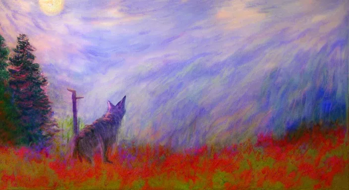 Image similar to lone wolf in the scottish highlands dreamy monet apocalyptic, acrylic painting