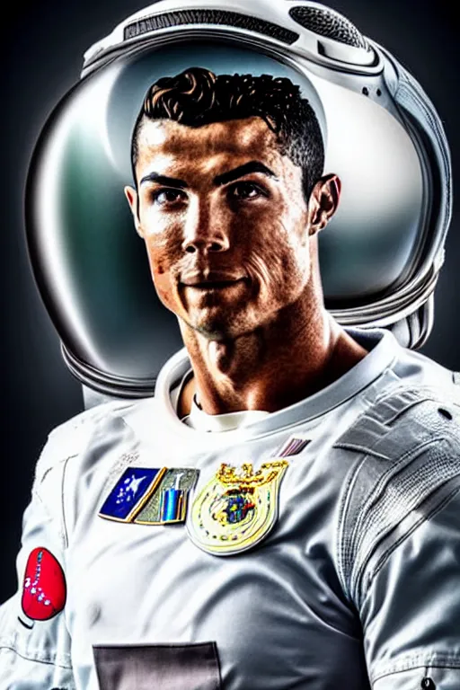 Image similar to portrait of cristiano ronaldo with astronaut armor and helmet, majestic, solemn