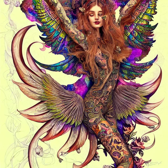 Prompt: extremely psychedelic tattoo design made of wings and mushrooms, LSD tattoo design, diffuse lighting, fantasy, intricate, elegant, highly detailed, lifelike, photorealistic, digital painting, artstation, illustration, concept art, smooth, sharp focus, art by John Collier and Albert Aublet and Krenz Cushart and Artem Demura and Alphonse Mucha