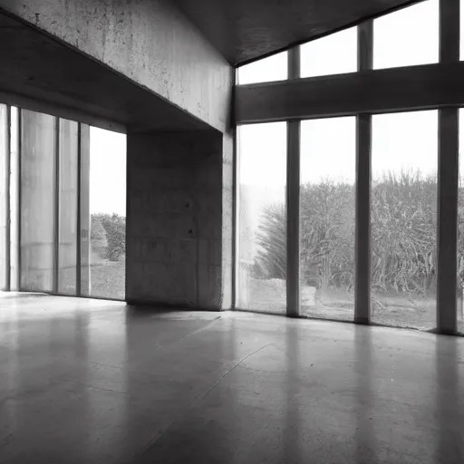 Prompt: a photo of a brutalist interior with high ceilings and big windows