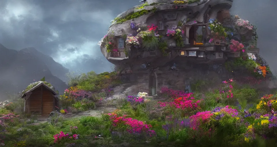 Image similar to small house in canyon filled with flowers, giant space ship in the background, photorealistic, trending on artstation, moody