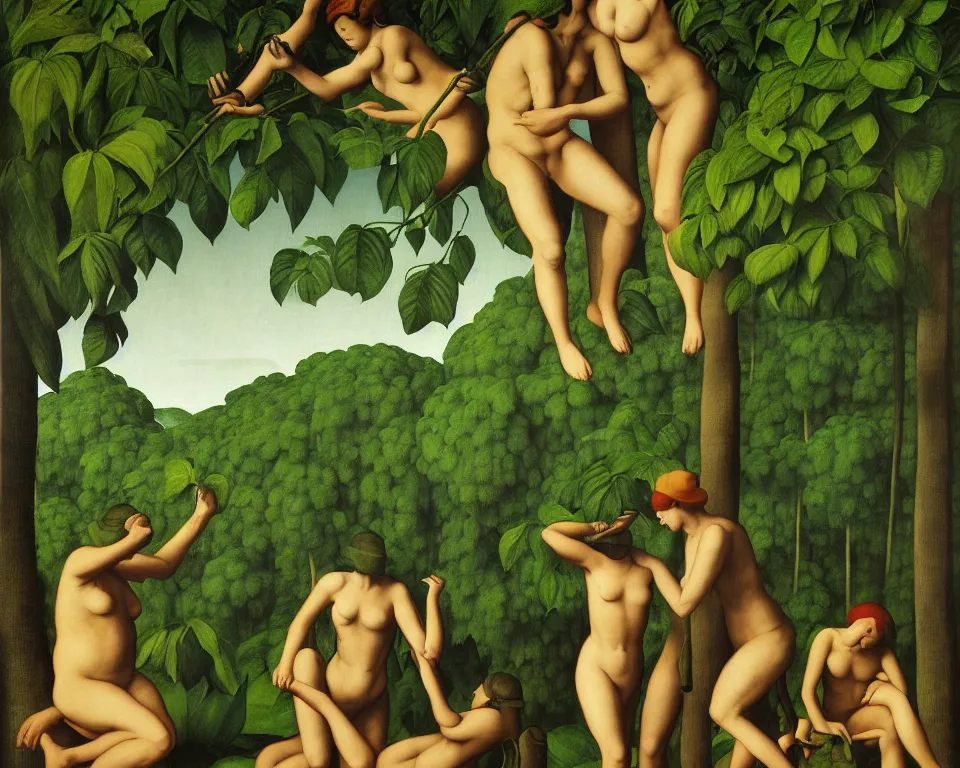 Image similar to an achingly beautiful print of blind justice in the rainforest by Raphael, Hopper, and Rene Magritte. detailed, romantic, enchanting, trending on artstation.