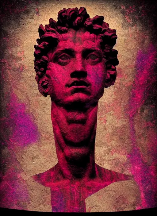 Image similar to black background with subtle red and purple design elements, statue of hercules, nekro, graphic design, collage art, thin lines, dark, glitch art, neo vaporwave, gritty, layout frame, square, trending on artstation