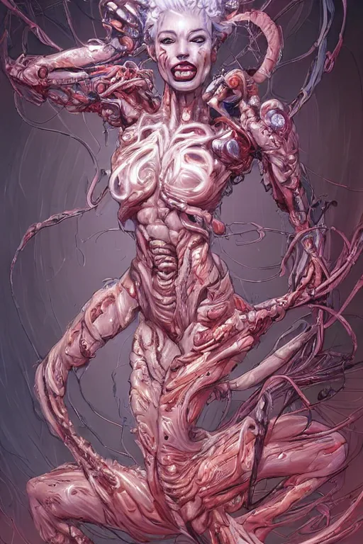 Prompt: comic art,Sprial, a beautiful female six-armed Mutant and Cyborg Sorcerer with white hair long legs dancing in the air,melting,full character design,8k,art by Stanley Artgermm,Travis Charest,Carne Griffiths,trending on Artstation,face enhance,hyper detailed,full of colour,cinematic,dynamic lighting