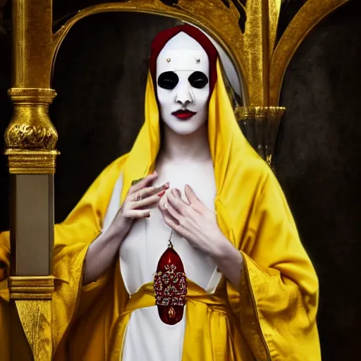 Prompt: a white pale masked priestess of the king in yellow, with a tight yellow silk robe, she wears a lot of luxury jewelry with red gems, dark fantasy, highly detailed
