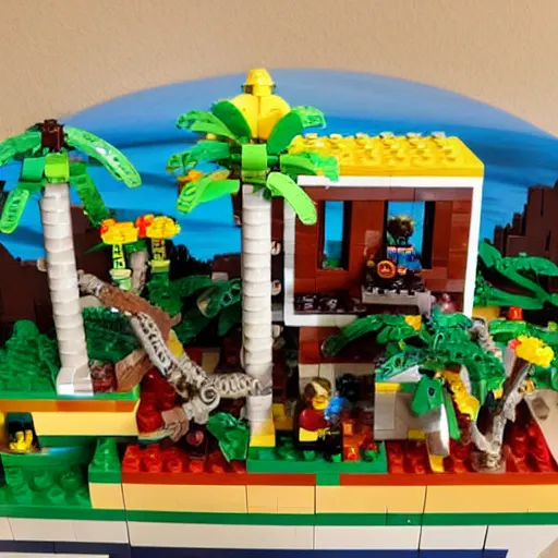 Image similar to lego minifig diorama tropical island palm trees pirates vines monkeys treasure chest god rays