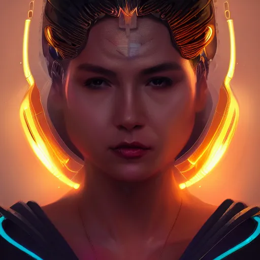 Prompt: head and shoulders portrait of modern darna, glowing translucent hologram of an ai woman, intricate, elegant, dark vibes, highly detailed, digital painting, artstation, glamor pose, concept art, smooth, sharp focus, illustration, art by wlop, mars ravelo and greg rutkowski