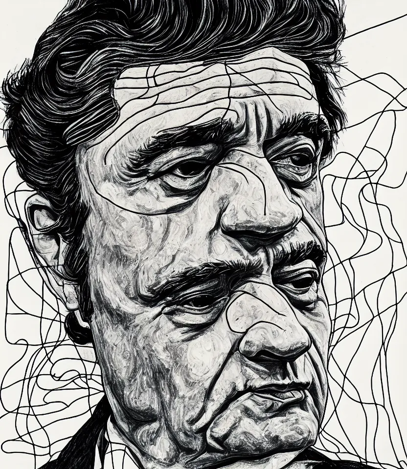 Image similar to detailed line art portrait of johnny cash, inspired by egon schiele. contour lines, musicality, twirls, curls, curves, confident personality