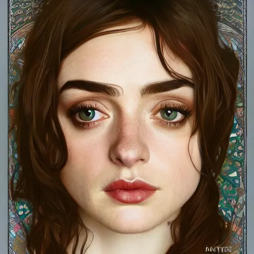 Prompt: portrait of a combination of Ashley Green, Maisie Williams, Krysten Ritter, Anne Hathaway and Adriana Dxim, Grace Kelly and Lily Collins by Alphonse Mucha, trending on artstation