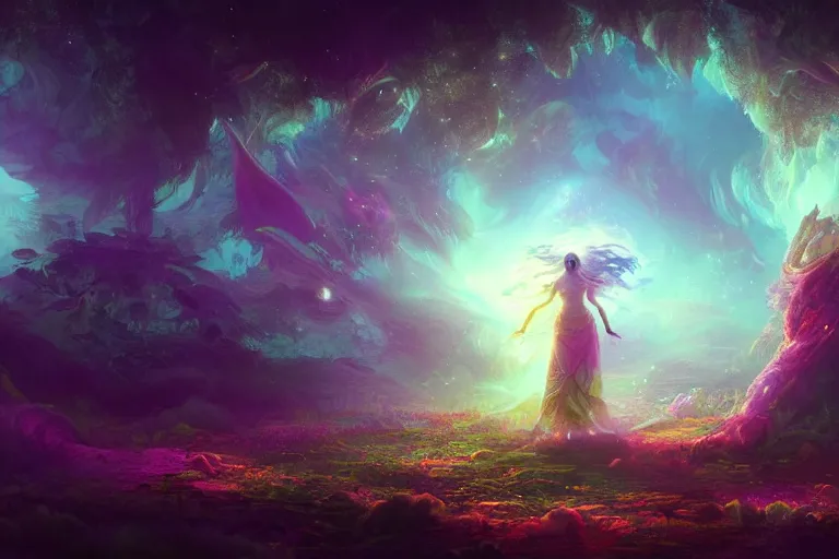 Image similar to a psychedelic realm hidden away in a pocket of ethereal understanding, astral beings sharing love, in the style of greg rutkowski, and wlop, and lisa frank, and bob ross, and ruan jia, illustration, epic, fantasy, hyper detailed, smooth, unreal engine, sharp focus, ray tracing