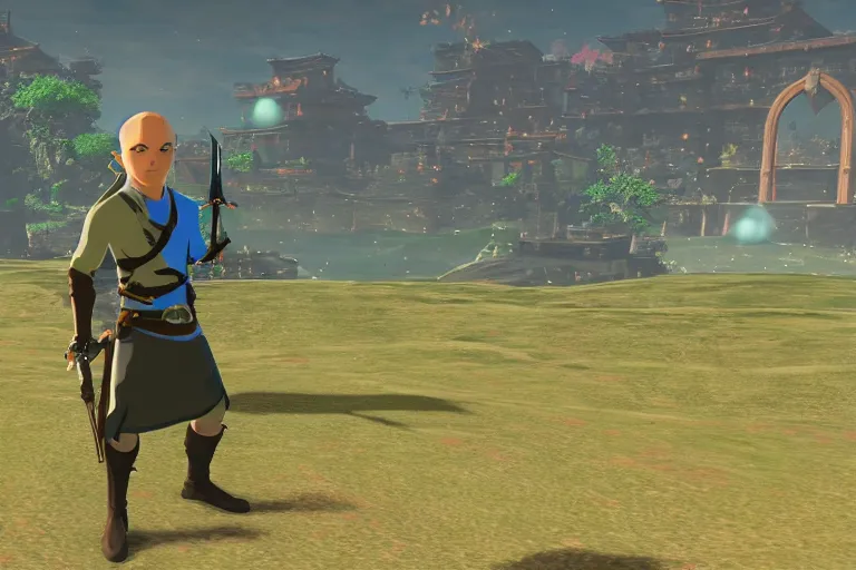 Image similar to agent 4 7 holding master sword in botw, breath of the wild screenshot