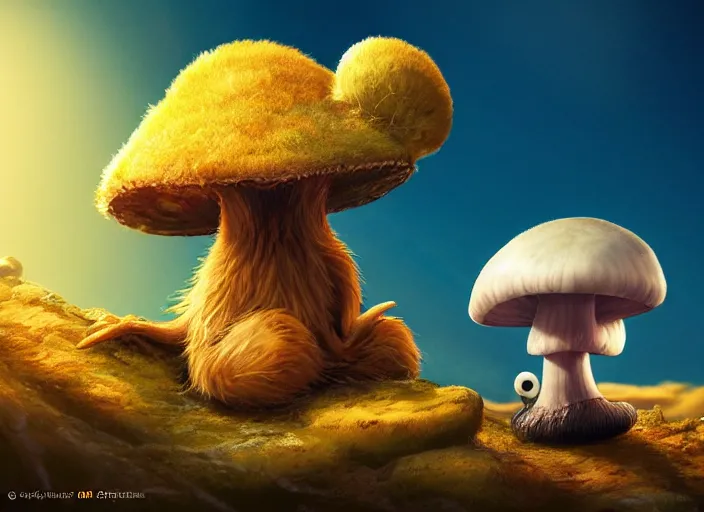 Image similar to a cute dr seuss creature sitting next to a mushroom, golden hour, fantasy, sharp focus, digital art, hyper realistic, 4 k, unreal engine, highly detailed, hd, dramatic lighting by brom, trending on artstation