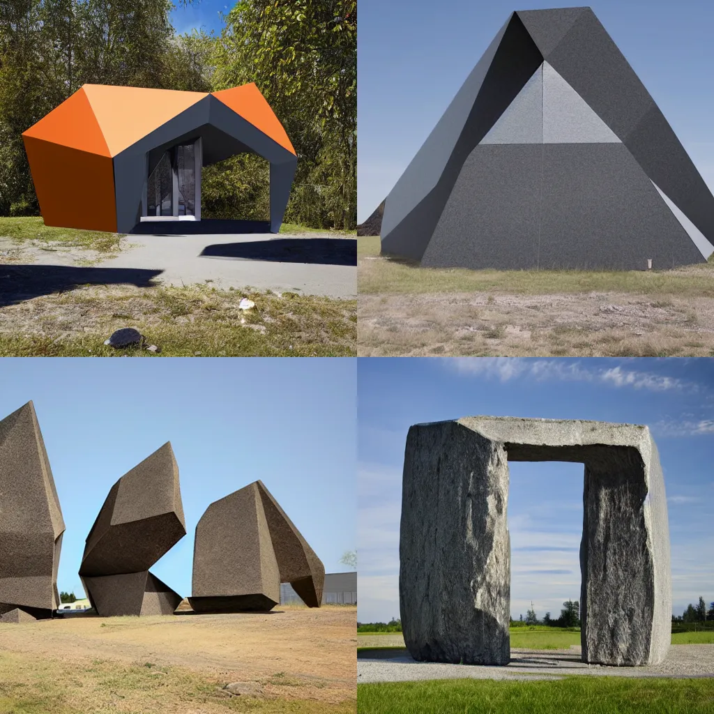 Prompt: a modern polygonal housing structure build out of megaliths