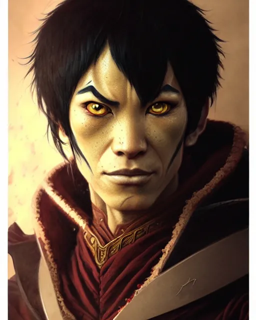 Image similar to zuko from avatar the last airbender, character portrait, portrait, close up, concept art, intricate details, highly detailed by greg rutkowski, michael whelan and gustave dore