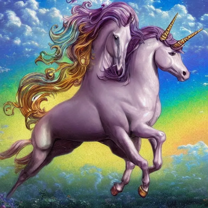 Prompt: a beautiful elegant unicorn running on a rainbow, concept art, intricate details art by thomas kinkade