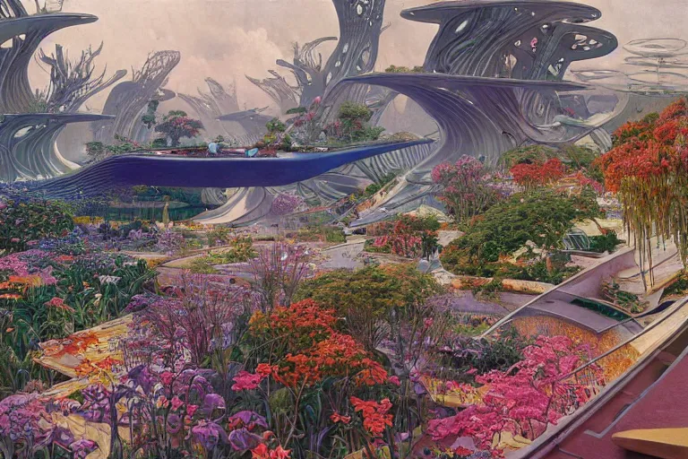 Prompt: oil painting, super - detailed scene of utopian floating zaha hadid city, cyberpunk garden, solarpunk, bioluminescent cyber - garden, japanese sci - fi books art, artwork by jean giraud and zdzislaw beksinski and alphonse mucha and hr giger, hd, 4 k, high quality