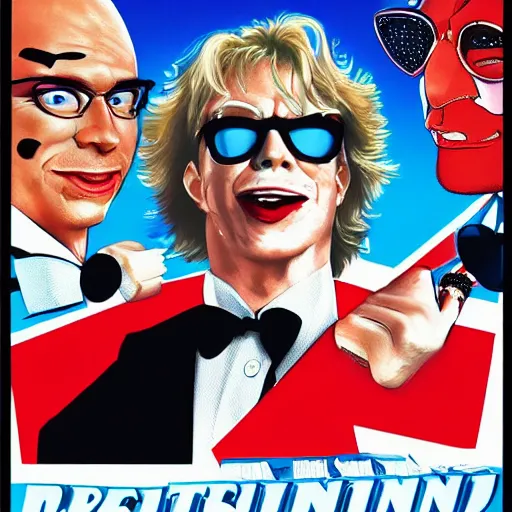 Prompt: Austin Powers 1990s movie poster starring Richard Branson as Austin Powers and Jeff Bezos as Doctor Evil