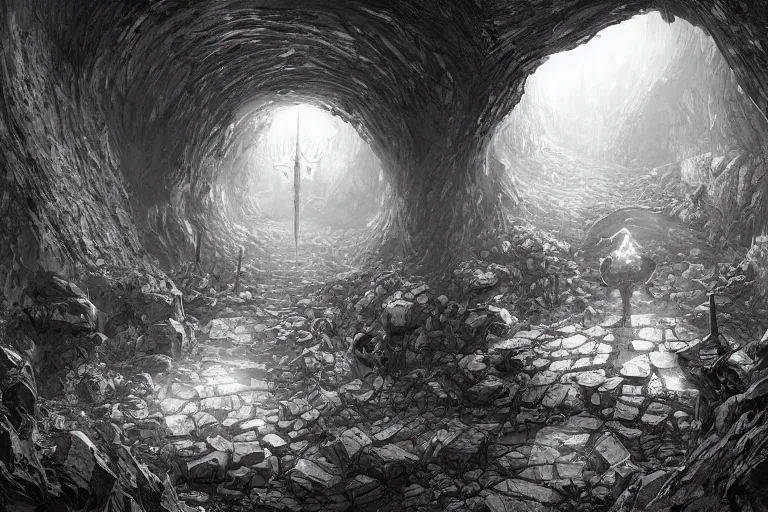 Prompt: black and white one point perspective hellscape dungeon cozy fantasy dungeon hallway view with pit in the middle of the ground by artgerm and Craig Mullins, James Jean, Andrey Ryabovichev, Mark Simonetti and Peter Morbacher 16k