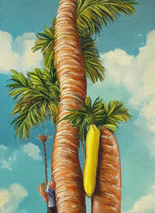 Prompt: baguettes grow instead of bananas on a palm tree, intricately detailed acrylic painting