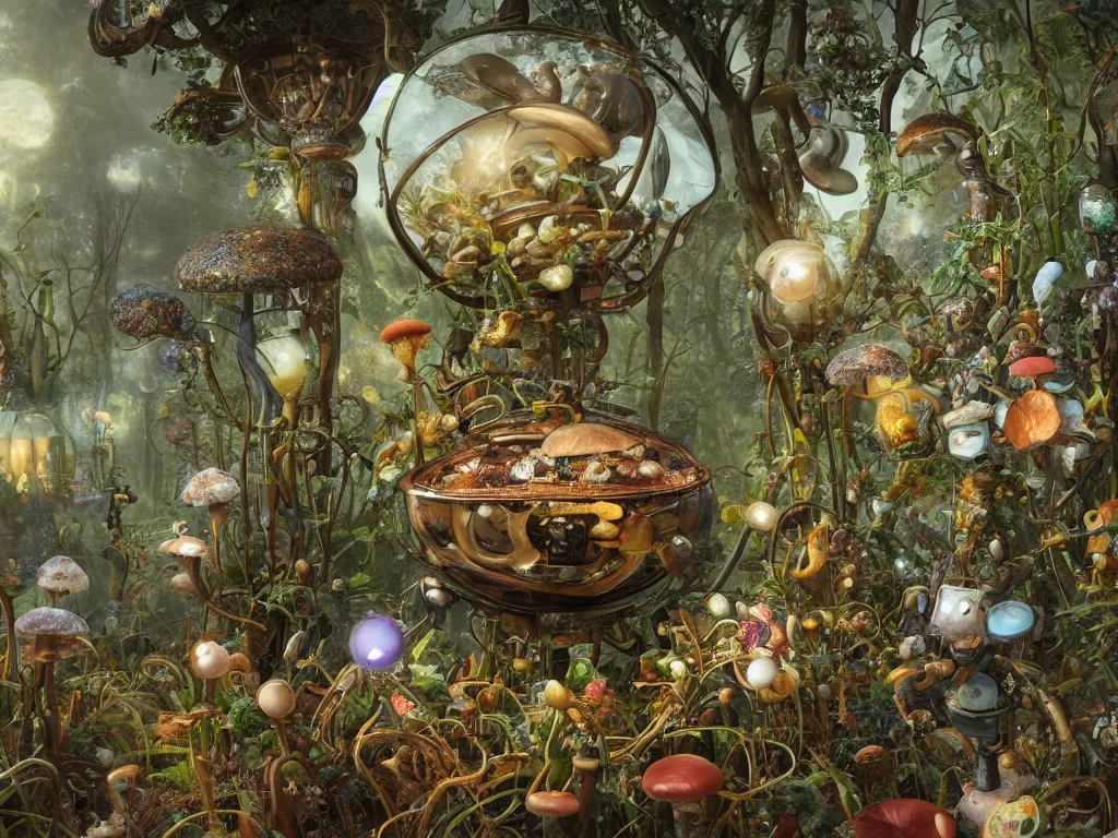 Image similar to victorian robot with mushrooms growing in a spheroid forest, 3d render, nightlight Study, by Jan Davidsz de Heem and Lisa Frank, Art Nouveau, 8k, extreme detail, sharp focus, octane render