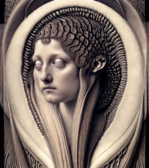 Image similar to detailed realistic beautiful nautilus goddess face portrait by jean delville, gustave dore, iris van herpen and marco mazzoni, art forms of nature by ernst haeckel, art nouveau, symbolist, visionary, gothic, neo - gothic, pre - raphaelite, fractal lace, intricate alien botanicals, biodiversity, surreality, hyperdetailed ultrasharp octane render