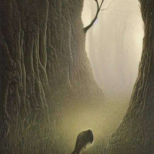 Image similar to painting of lion fused into trees by zdzislaw beksinski, by lewis jones, by mattias adolfsson, cold hue's, warm tone gradient background, concept art, beautiful composition, digital painting