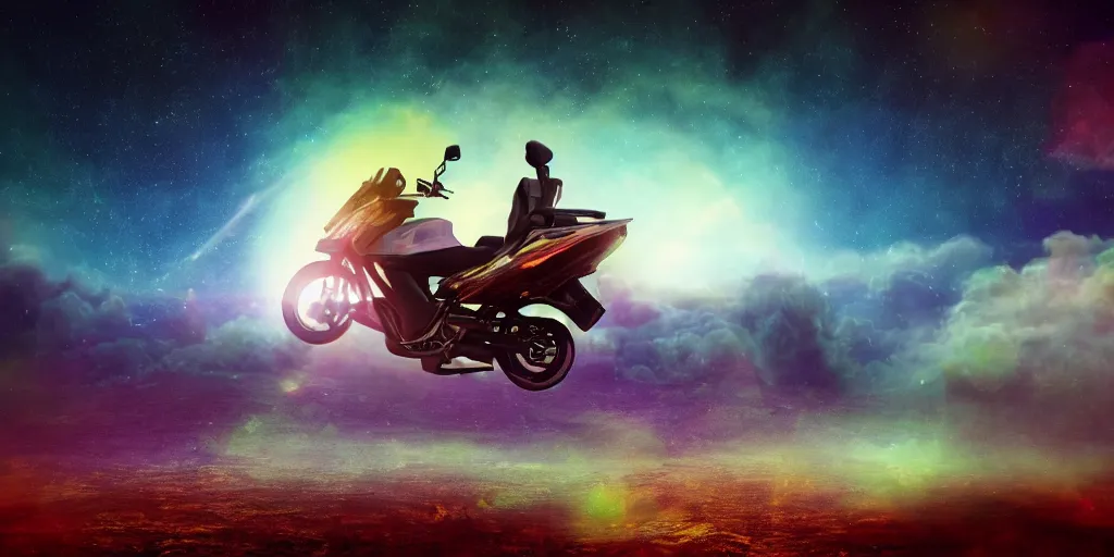 Prompt: high detail photo of a deserted,iridescent color, yamaha motorcycle floating in space inside magic colorful glowing sparkling fog, circular planet behind it, starry sky, tranquil, desolate, atmospheric, hazy, autochrome, 8k, reflections, octane render, unreal engine 5