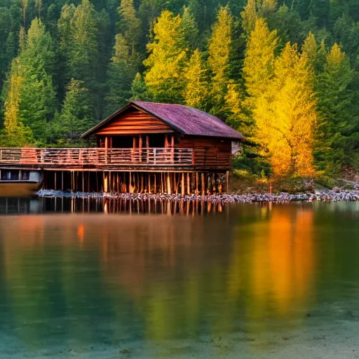 Image similar to DSLR still of a beautiful mountainside river with a pier and a log cabin at sunrise, 4k