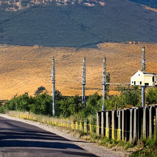 Image similar to a road next to warehouses, and a hill background with a radio tower on top, 3 0 0 mm telephoto lens