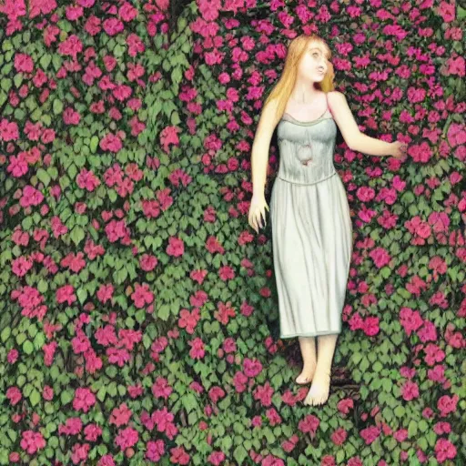 Image similar to a girl being overgrown by vines and flowers, fully clothed, content, in the style of lise deharme.