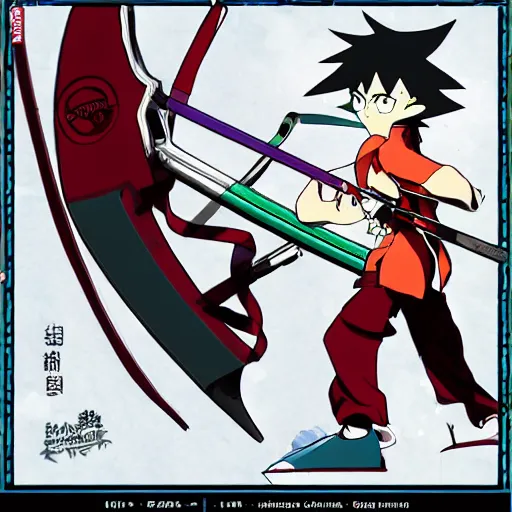 Image similar to skater character with katana in hands, cartoon stylised proportions by hiroyuki imaishi 今 石 洋 之 gainax studio trigger and yoh yoshinari animation art