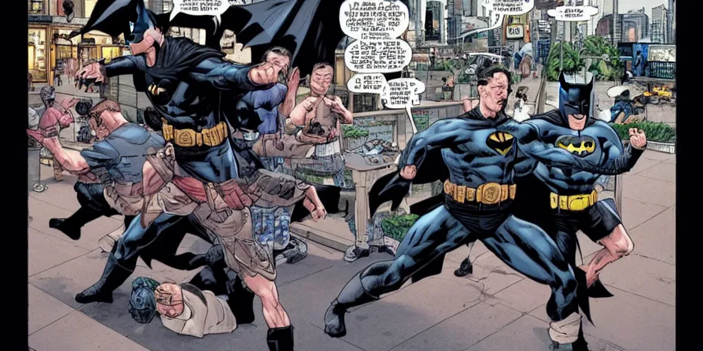 Prompt: Batman teaching mall-cops karate. Epic painting by James Gurney and Laurie Greasley.