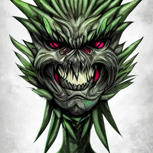 Prompt: A fierce plant monster with mean eyes and an evil smile, trending on art station