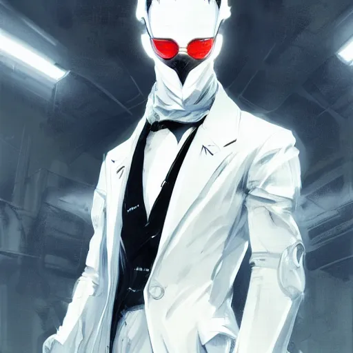 Image similar to portrait of a male character in sleek clothes, in a flowing white tailcoat, wearing a futuristic white mask with five round lenses for eyes, many eyes, dramatic lighting, illustration by Greg rutkowski, yoji shinkawa, 4k, digital art, concept art, trending on artstation