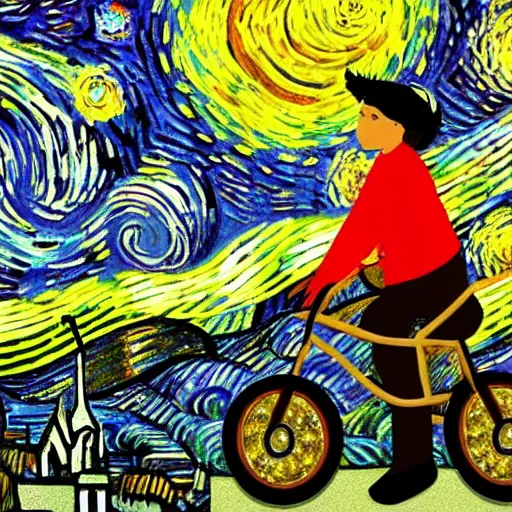 Prompt: fish, bicycle, van gogh's starry night, ufo, mars