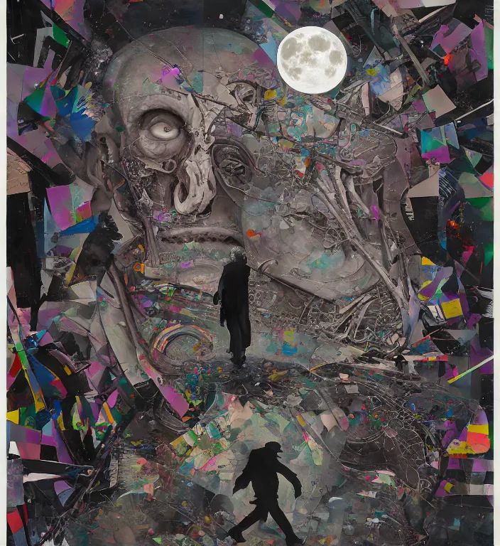 Image similar to decollage painting old man walking through the streets of ruined city under the huge moon with a skeleton shining through his chest by adrian ghenie and takato yamamoto and edward hopper and mark ryden and tsutomu nihei, part by bridget riley, acrylic pour and splashing paint, very coherent, baroque elements, perfect anatomy, intricate design. pop art.