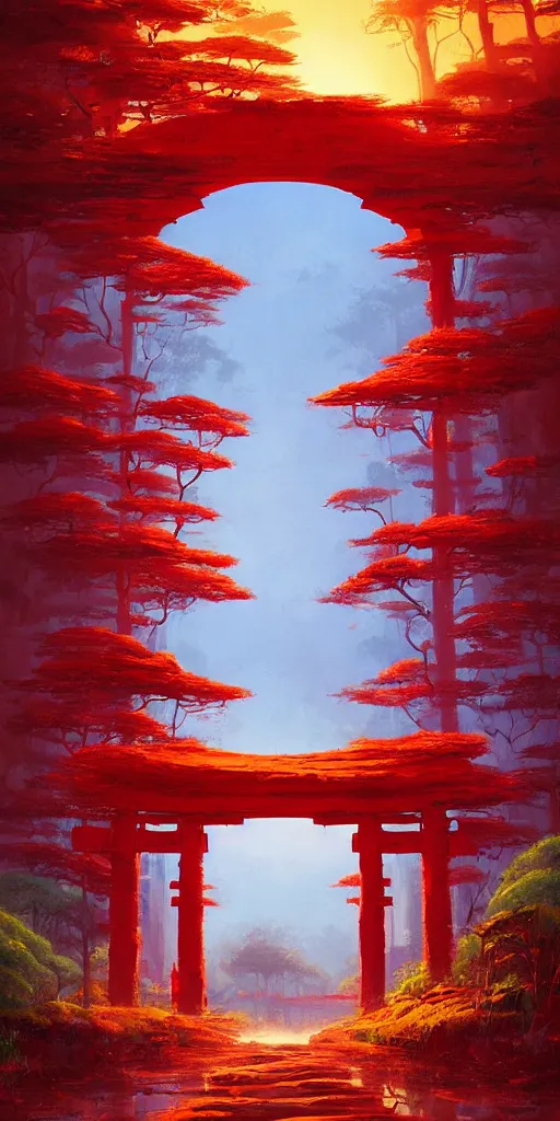 Image similar to the red torii gate!!! a highly detailed cinematic oil painting by roger dean and alena aenami, dynamic lighting