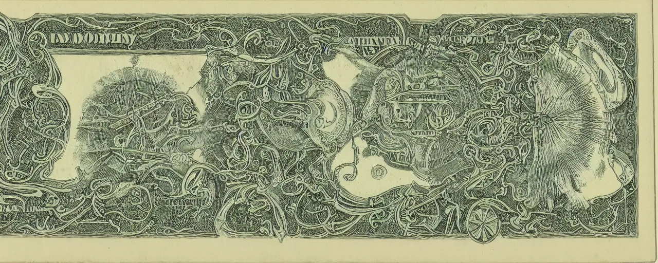 Prompt: Selknam money bill, very detailed engraving and decoration with autochthonous illustrations, 1925, ultradetailed, paper texture