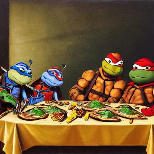 Image similar to teenage mutant ninja turtles are sitting at the table. da vinci. secret supper. coca - cola on the table. pizza on the table. realistic oil painting on canvas. great rendering