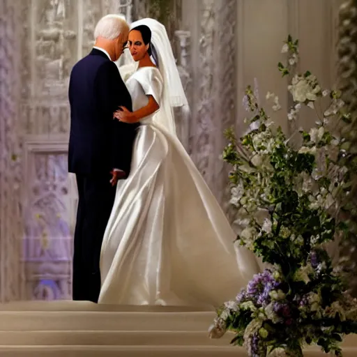 Image similar to professional photograph of Joe Biden and Kim Kardashian getting married, highly detailed, highly intricate, 8k,