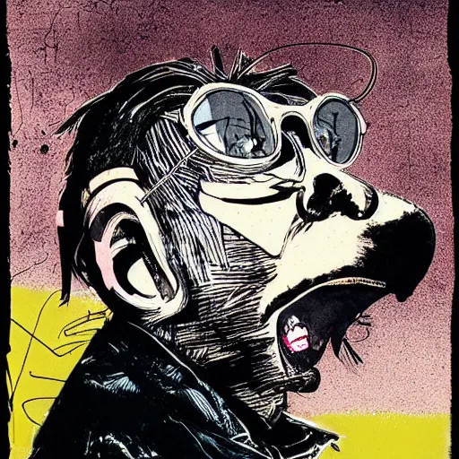 Image similar to Graphic Illustration, Creative Design, Monkey, Techwear, Cyberpunk, Full Body Portrait, Character Design, by Ralph Steadman, Francis Bacon, Hunter S Thompson