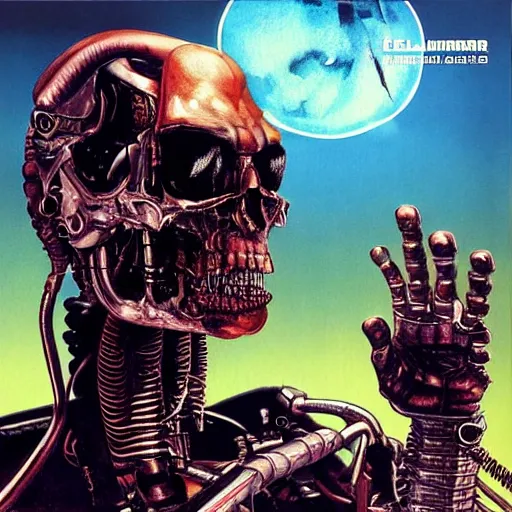 Image similar to terminator of the globalus decrymanus, album cover, realistic, surreal,