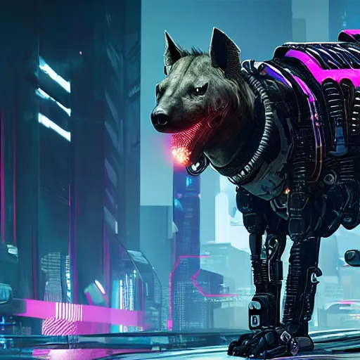 Prompt: cybernetically enhanced cyborg hyena, realistic cyberpunk 2 0 7 7 concept art