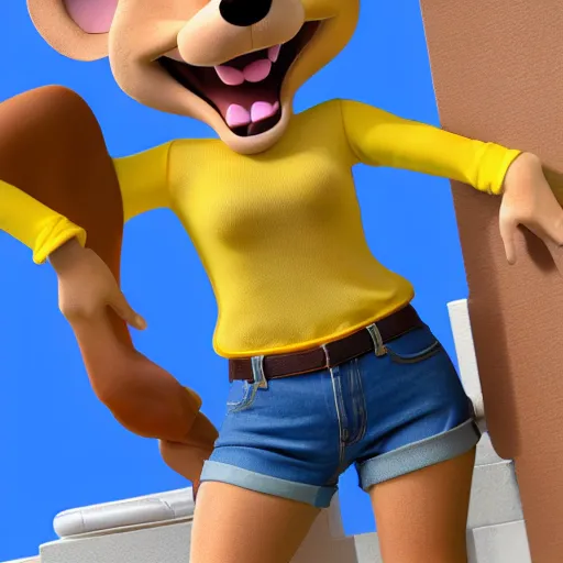 Image similar to 3 d render, portrait, upper body shot, mid shot, anthropomorphic mouse, female, wearing denim short shorts and a off yellow tank top shirt, in the style of rescue rangers