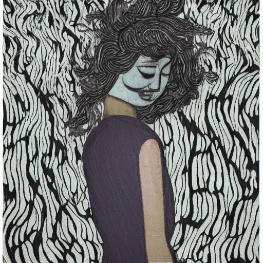 Image similar to fabric pattern joyful by rudy siswanto, by henry moore. a collage of a woman standing in a field of ashes, her dress billowing in the wind. her hair is wild & her eyes are closed, in a trance - like state. dark & atmospheric, ashes seem to be alive, swirling around.