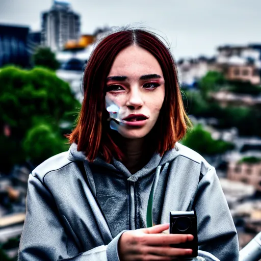 Image similar to candid photographic portrait of a poor techwear mixed young woman smoking inside a dystopian city, closeup, beautiful garden terraces in the background, sigma 85mm f/1.4, 4k, depth of field, high resolution, 4k, 8k, hd, full color