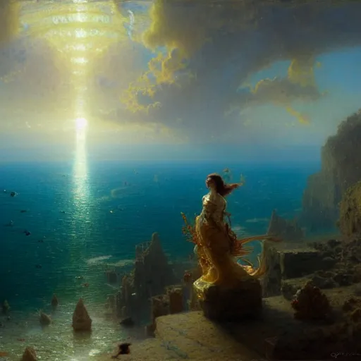 Image similar to point of view, you are deep in the ocean looking up, you see fishes, flora and fauna, higher you see the splendorous milk way illuminating the sea. highly detailed painting by gaston bussiere, greg rutkowski 8 k