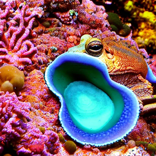 Image similar to toad hiding in giant clam