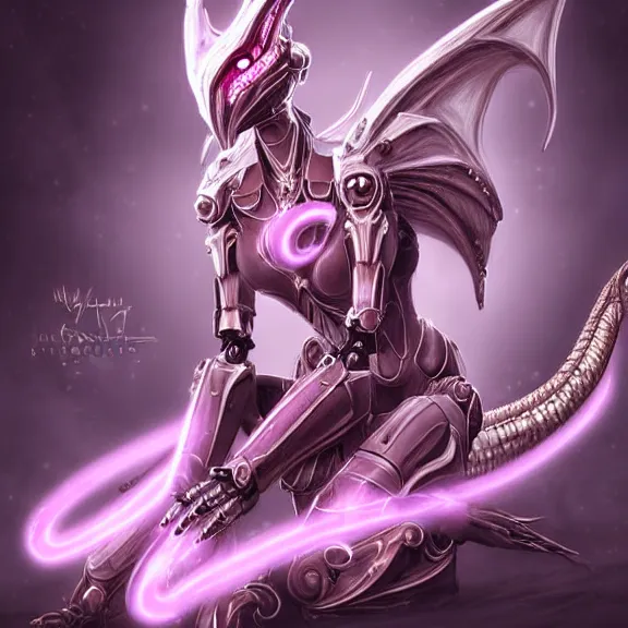 Image similar to highly detailed exquisite fanart, of a beautiful female warframe, but as a stunning anthropomorphic robot female dragon, with robot dragon head, doing an elegant pose sitting on a couch with her legs crossed, off-white plated armor, bright Fuchsia skin, full body shot, epic cinematic shot, realistic, professional digital art, high end digital art, DeviantArt, artstation, Furaffinity, 8k HD render, epic lighting, depth of field